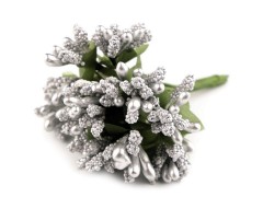 Virág pempő dróton fémes - Ezüst Virág, toll, növény